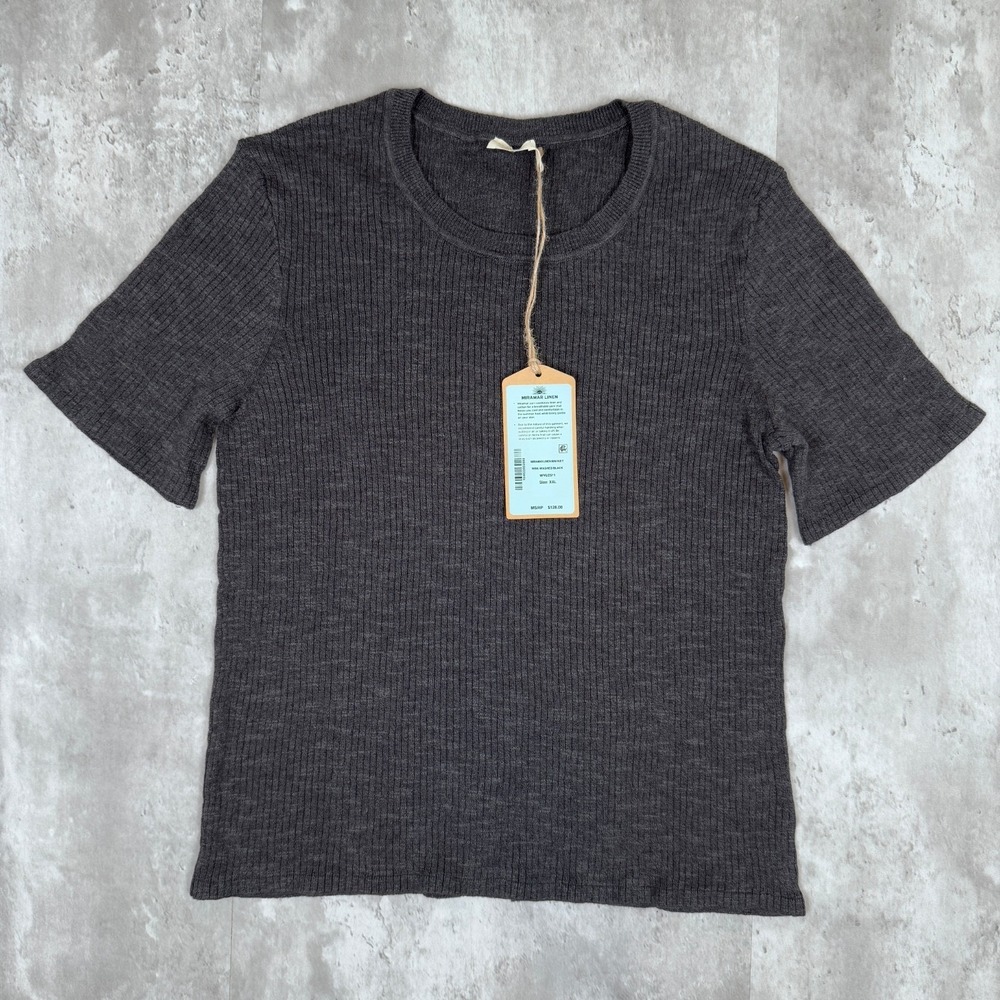Faherty Miramar Linen Mini Ribbed T-Shirt‎ Womens XXL Black Soft Knit NWT